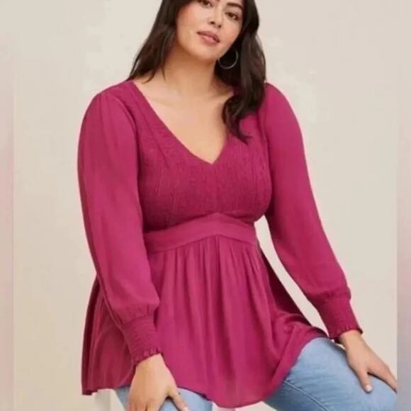Torrid dark pick peasant blouse smocked balloon Bohemian Whimsigoth Plus size - Picture 1 of 9